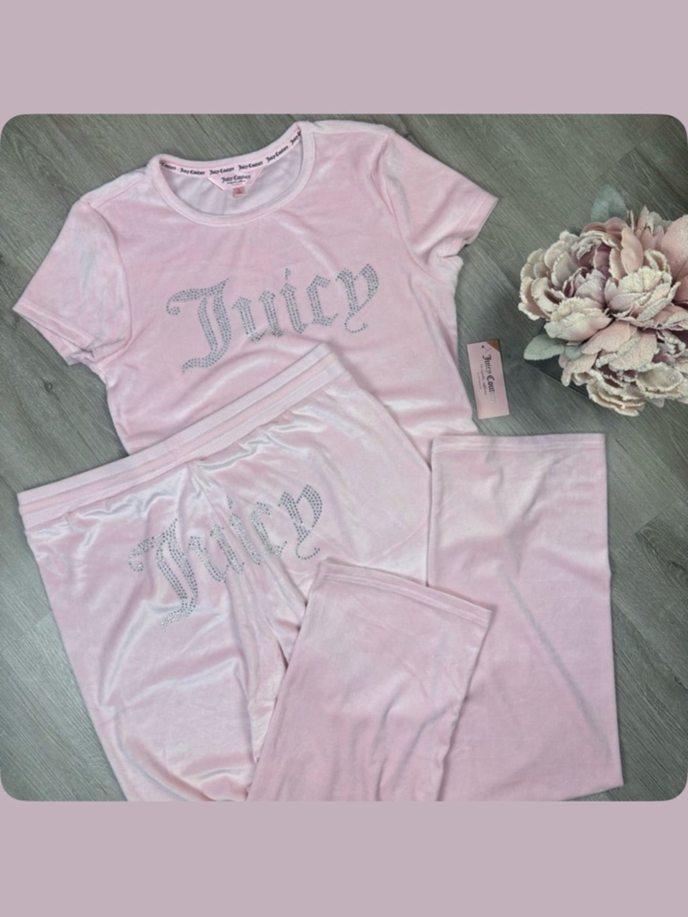 NWT Juicy Couture Pink Velour Logo Tee & Jogger Set Womens L